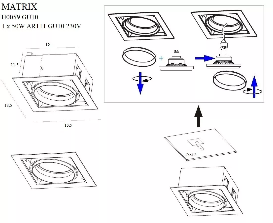 MAXLIGHT H0059 OPRAWA WPUSTOWA MATRIX I BIAŁA AR111 GU10 230V