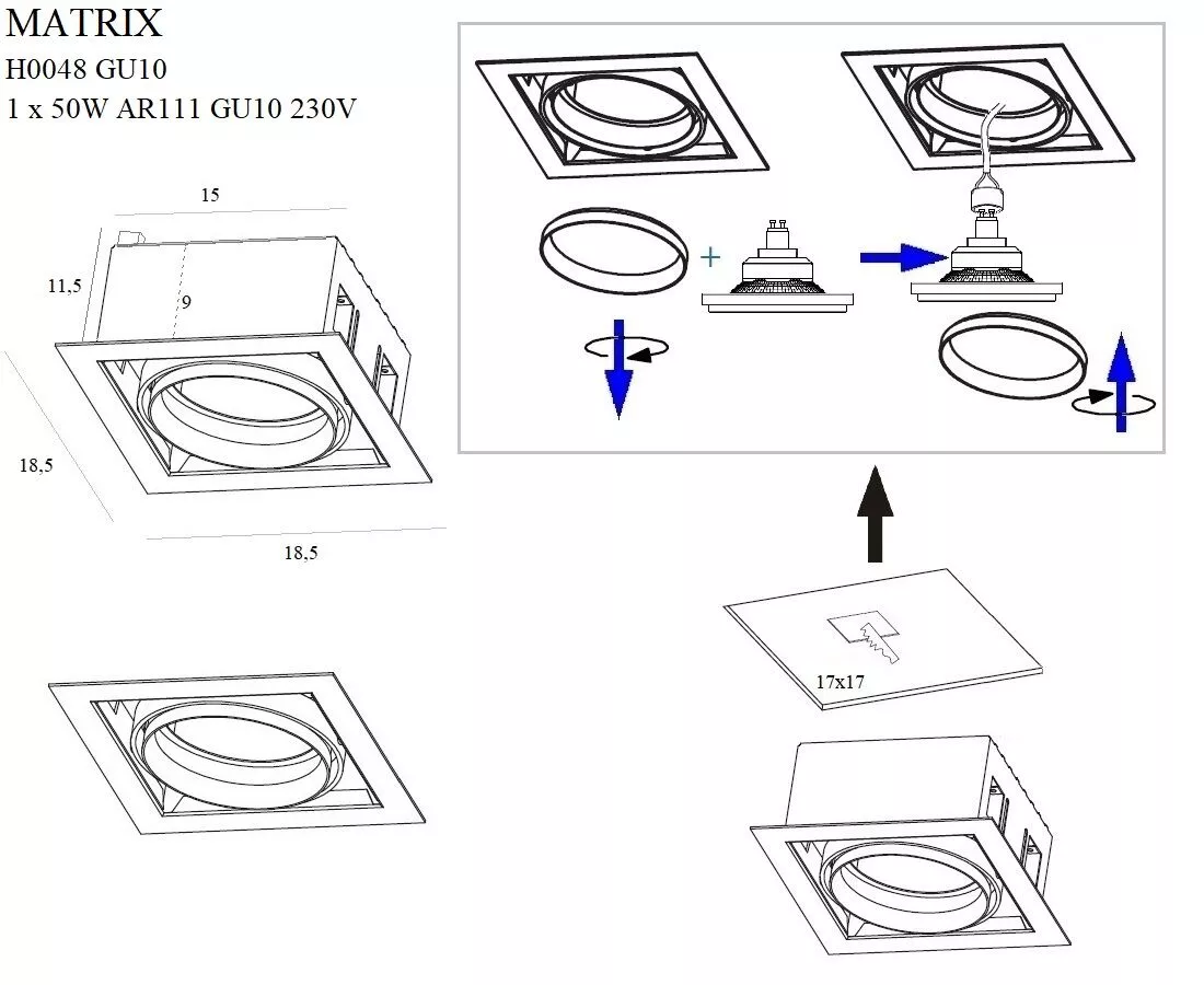 MAXLIGHT H0048 OPRAWA WPUSTOWA MATRIX I CZARNA AR111 GU10 230V