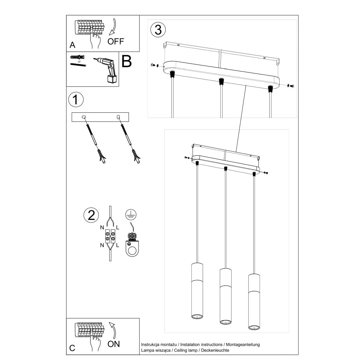 LAMPA WISZĄCA BORGIO 3L CZARNY