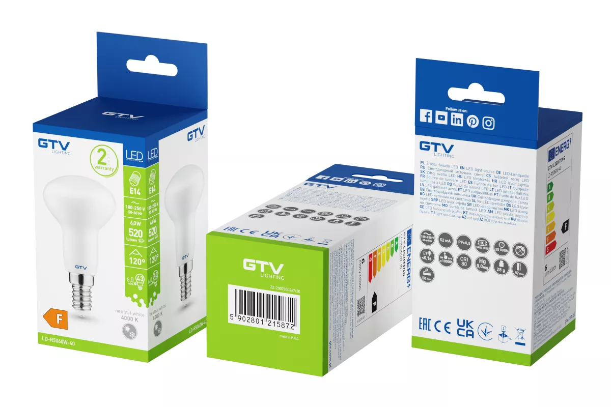 LED.E14 230V/R50 6W BIALA NEUTRALNA 470LM KAT120ST 14XSMD2835 LD-R5060W-40 GTV