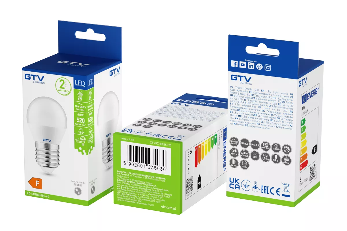 Żarówka LED E27 230V/6W 470LM 4000K  PAKIET 10+1 GTV KULKA  B45C SMD2835 160ST LD-SMNGB45C-60