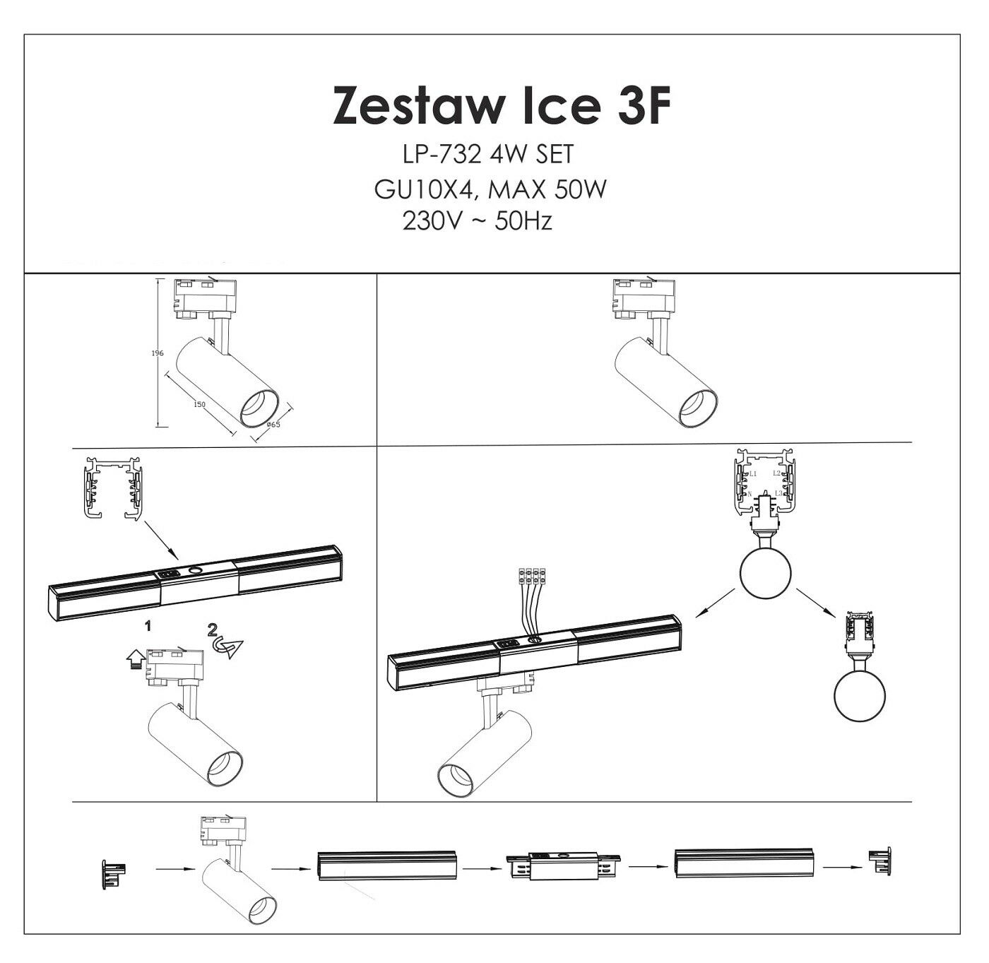 REFLEKTOR ICE DO SZYNOPRZEWODÓW 3F 1XGU10 BIAŁY LP-732/1R 4W WH