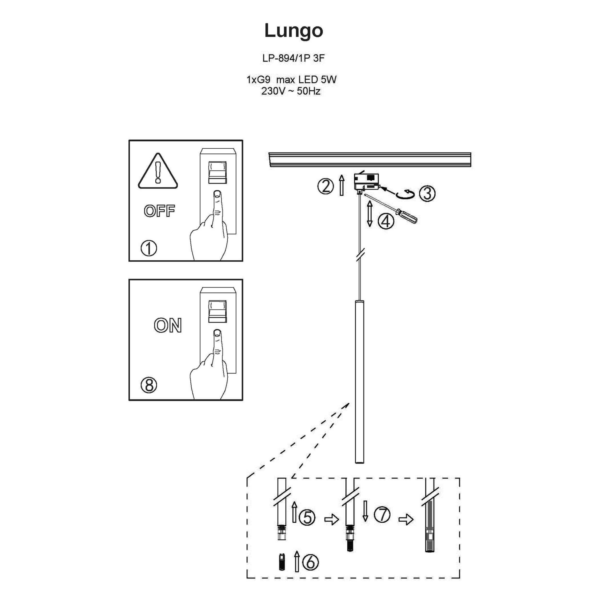 LAMPA WISZĄCA LUNGO 1 DO SZYNOPRZEWODU 3F 1XG9 CZARNA LP-894/1P BK 3F